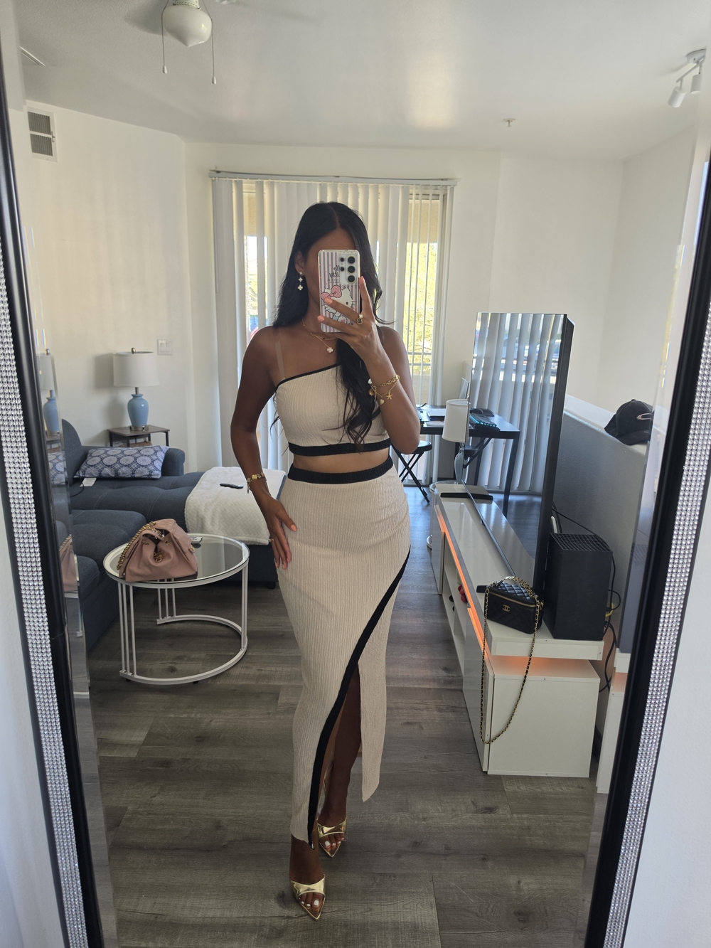 Women’s Cream Ribbed Two-Piece Maxi Skirt with Black Trim